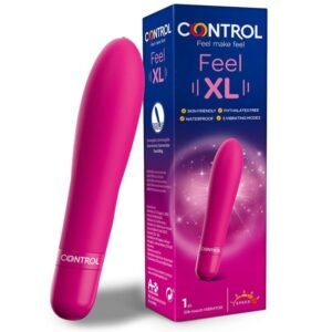 Vibrador rosa escuro, com caixa ao lado, a caixa é rosa e azul.