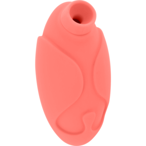 Imagem do vibrador na cor coral com design ergonômico e textura suave. O dispositivo apresenta uma abertura circular na parte superior e linhas curvas decorativas no corpo, projetado para estimulação por pulsos de ar e vibração, oferecendo conforto e eficiência durante o uso.