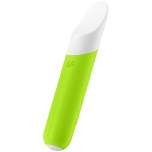 Vibrador verde com a ponta branca.