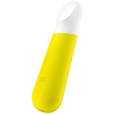 Vibrador amarelo com a ponta branca.