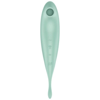 Vibrador em tom verde claro, com design ergonômico, funcionalidades 2 em 1 que combinam circulação e pulsos de ar, compatível com aplicativo gratuito para controle remoto. Premiado no CES Innovation Awards 2021, destaca-se pela inovação tecnológica e experiência personalizada.