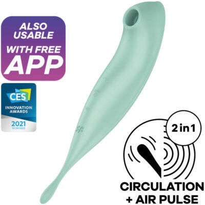 Vibrador em tom verde claro, com design ergonômico, funcionalidades 2 em 1 que combinam circulação e pulsos de ar, compatível com aplicativo gratuito para controle remoto. Premiado no CES Innovation Awards 2021, destaca-se pela inovação tecnológica e experiência personalizada.