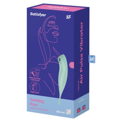 Caixa do vibrador híbrido "Twirling Pro+" da marca Satisfyer, com design em azul e detalhes rosa. Destaca-se a funcionalidade 2 em 1 (circulação + pulsos de ar), compatibilidade com aplicativo gratuito e conexão Bluetooth. Inclui selo de 15 anos de garantia e um design moderno com ilustração minimalista feminina na embalagem.