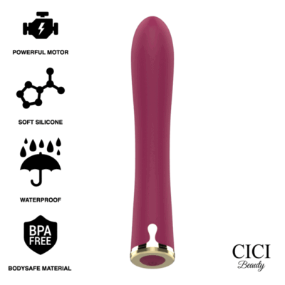 Gif com o vibrador a vibrar com simbolos que mostram que o vibrador tem um motor poderoso, é feito de silicone macio, é à prova d'agua e livre de BPA.