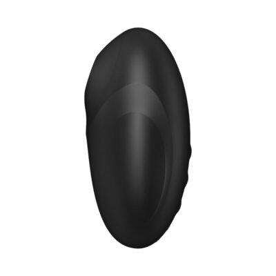 Imagem do vibrador feminino preto com design ergonômico, discreto e sofisticado. O dispositivo possui uma abertura circular na parte superior e combina tecnologia '2 em 1', oferecendo pulsos de ar e vibração simultaneamente. Desenvolvido para estimulação íntima e prazer personalizado.