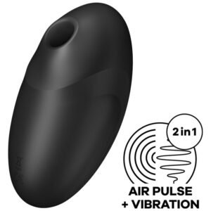 Imagem do vibrador feminino preto com design ergonômico, discreto e sofisticado. O dispositivo possui uma abertura circular na parte superior e combina tecnologia '2 em 1', oferecendo pulsos de ar e vibração simultaneamente. Desenvolvido para estimulação íntima e prazer personalizado.