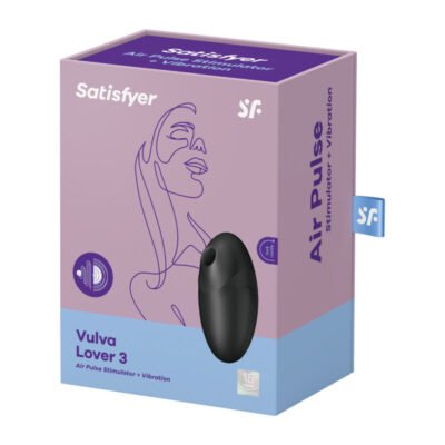 Imagem da embalagem do vibrador Satisfyer Vulva Lover 3, que combina estimulação por pulsos de ar e vibração. A caixa tem design moderno com tons de roxo e azul, ilustrando uma silhueta feminina estilizada. O produto é destacado como um estimulador íntimo com tecnologia avançada e 15 anos de garantia.