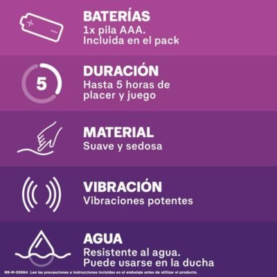 Informações sobre o produto: é necessário usar 3 baterias AAA, dura 5 horas, é feito de material suave e macio, tem vibrações potentes e resistente à água.