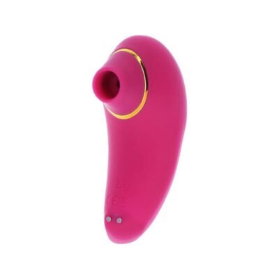 Imagem de um vibrador feminino em formato anatômico, com acabamento em silicone rosa e detalhes dourados. O dispositivo possui uma abertura circular na extremidade superior, projetado para estimulação através de pulsações de ar, combinando sofisticação, tecnologia e conforto para momentos de prazer e bem-estar.