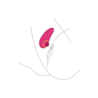 Ilustração que demonstra o uso de um vibrador feminino com tecnologia de pulsações de ar. O desenho destaca o dispositivo rosa com detalhes dourados posicionado sobre a região do clitóris, evidenciando seu design anatômico e funcionalidade focada em proporcionar prazer de forma direcionada e confortável.