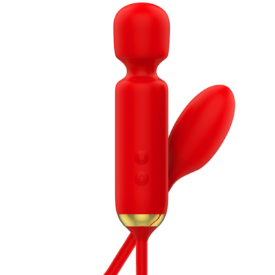 Ovo vibratório vermelho duplo com detalhe dourado na base da varinha.