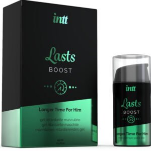 Caixa e embalagem do produto em tons de preto e verde com efeito metalizado. Está escrito "Lasts boost", "Mais tempo para ele" e "Gel retardante masculino" O doseador é tipo pump.