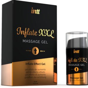 Caixa e embalagem do produto em tons de preto e dourado com efeito metalizado. Está escrito "Inflate XXL", "Gel de massagem." e "gel com efeito de aumento." O doseador é tipo pump.