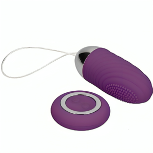 Ovo vibratório e comando roxo com detalhes prateados.