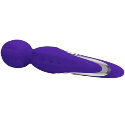 Imagem de um vibrador massageador de cor roxo profundo, feito de silicone super macio. O design é ergonômico, com uma grande cabeça arredondada para facilitar o uso. O produto está deitado.