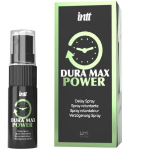 Caixa e embalagem, ambos preto com letras verdes e brancas metalizadas. Diz "Dura Max Power" e "Spray retardante".