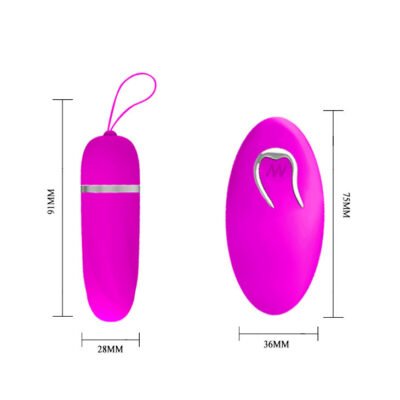 Ovo vibratório na cor Lilás. com dimensões em mm. Controle : 36x75mm. Vibrador : 28x91 mm (incluindo a corda para pensurar).