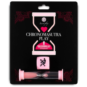 Jogo erótico Chronomasutra Play da marca Secret Play, com embalagem preta e rosa, incluindo um dado rosa com posições do Kama Sutra e uma ampulheta rosa. O texto na embalagem indica 'Time is running out! Enjoy Kamasutra positions at the right time!' incentivando o uso do tempo durante o jogo.