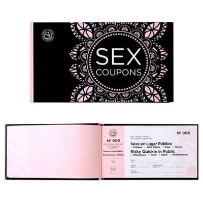 Livro de cupões intitulado 'Sex Coupons' com capa preta e folhas internas rosas. Os cupões destacáveis oferecem atos íntimos variados como recompensas para o casal.