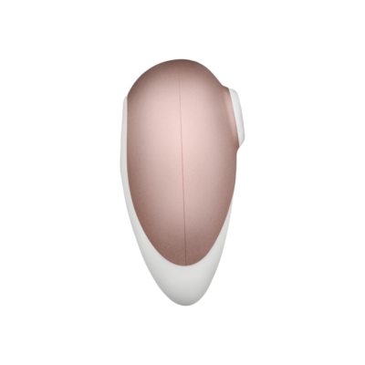 Imagem de um vibrador feminino com design elegante em formato oval, acabamento rosé metálico e detalhes em branco. O dispositivo apresenta uma abertura circular na parte superior, criado para proporcionar prazer através de pulsações de ar, oferecendo uma experiência inovadora, intensa e sofisticada para o bem-estar íntimo.