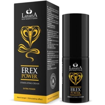 Imagem de um creme estimulante chamado Erex Power da marca Luxuria, projetado para aumentar a potência e estimular a performance íntima. A embalagem é predominantemente preta, com detalhes em dourado e branco. No centro da caixa e do frasco está a imagem estilizada de uma cobra dourada, símbolo de poder e energia. A descrição inclui 'Stimulating Cream - Extra Power' e a frase 'Hard longer | Stimulating effect' na base amarela da embalagem. O design sofisticado reforça a proposta de um produto premium para estimular a vitalidade.