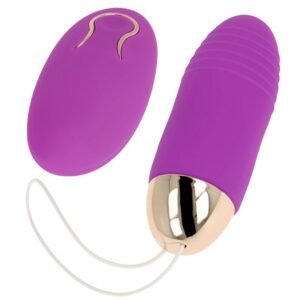 Ovo vibratório e comando roxo com detalhes dourados.